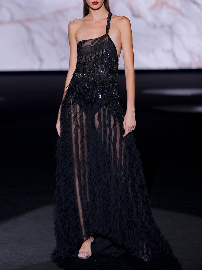 Hannibal Laguna Look 30 XESCA | Vestido Largo De Fiesta En Tul Volantes Y Pedreria Color Negro