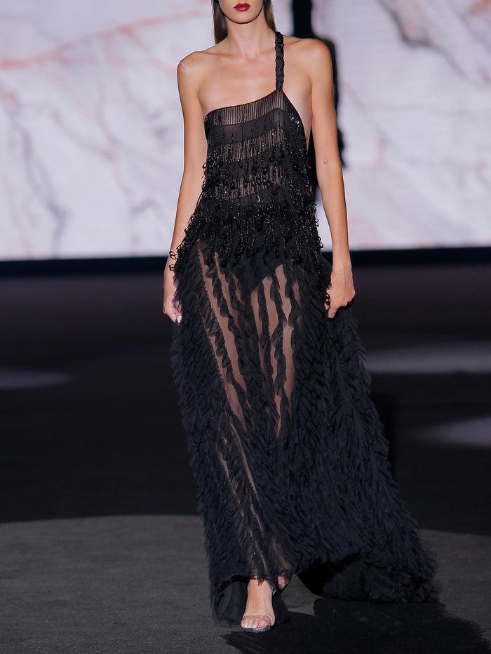 Hannibal laguna Look 30 XESCA | Vestido largo de fiesta en tul volantes y pedreria color negro