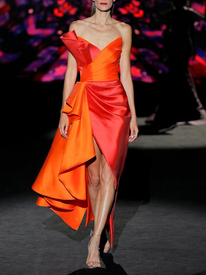 Hannibal laguna LOOK 31 ISOLDA | Vestido de fiesta midi en color teja y naranja