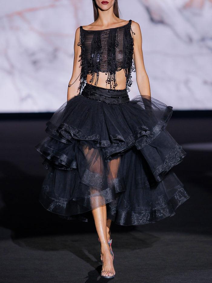 Hannibal laguna Look 31 XUXA y XIO | Vestido corto de fiesta en tul y pedreria color negro