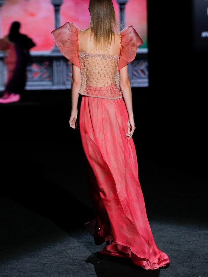 Hannibal Laguna LOOK 32 GROSELLA Y GARA | Blusa Joya En Tul Bordado Y Falda Gasa