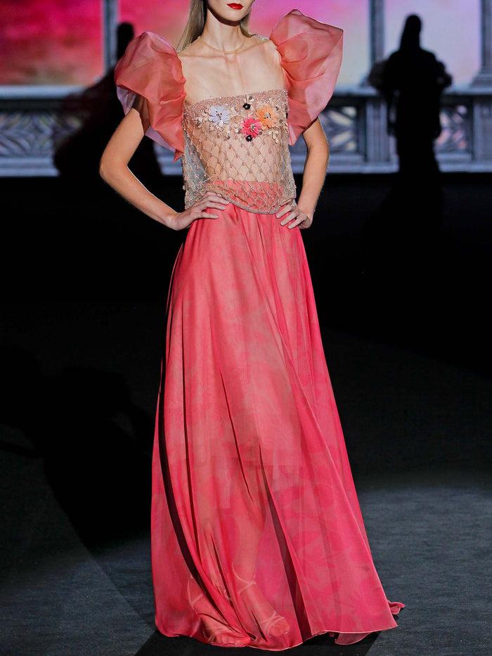 Hannibal Laguna LOOK 32 GROSELLA Y GARA | Blusa Joya En Tul Bordado Y Falda Gasa