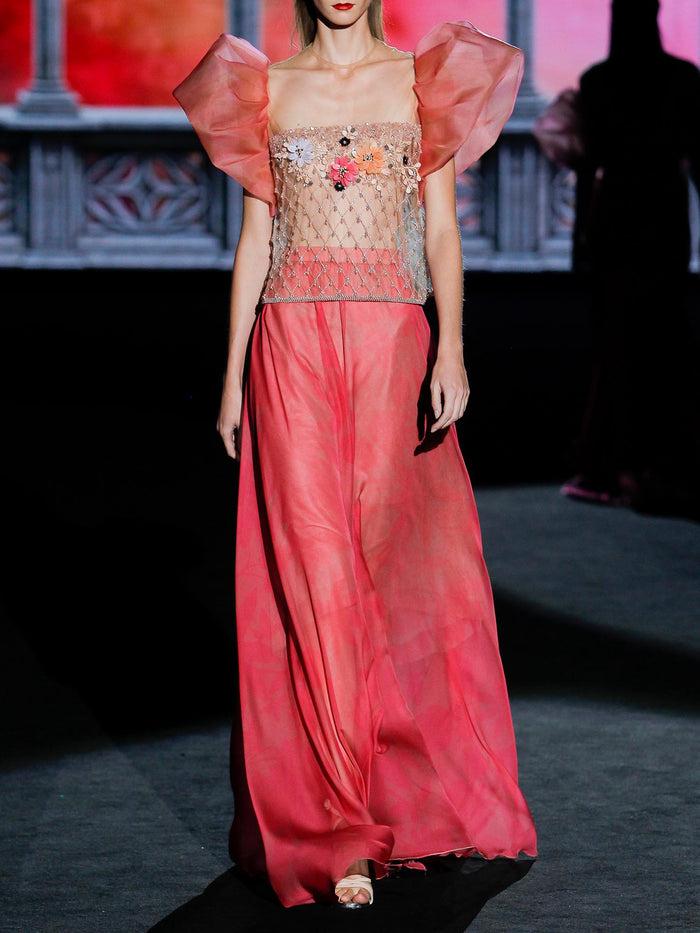 Hannibal laguna LOOK 32 GROSELLA Y GARA | Blusa joya en tul bordado y falda gasa