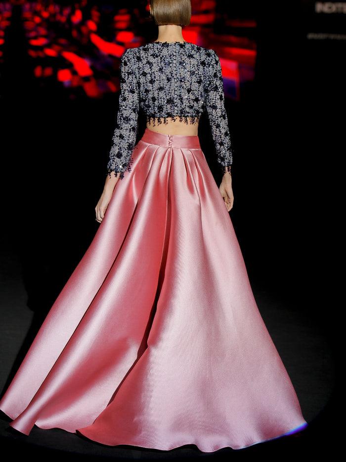 Hannibal Laguna LOOK 32 ILKIN Y IDANKA | Top De Fiesta En Pedreria Y Lentejuelas Azul Y Falda De Fiesta En Mikado Rosa Loto