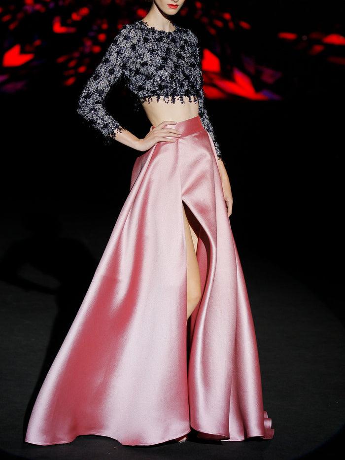 Hannibal laguna LOOK 32 ILKIN Y IDANKA | Top de fiesta en pedreria y lentejuelas azul y falda de fiesta en mikado rosa loto