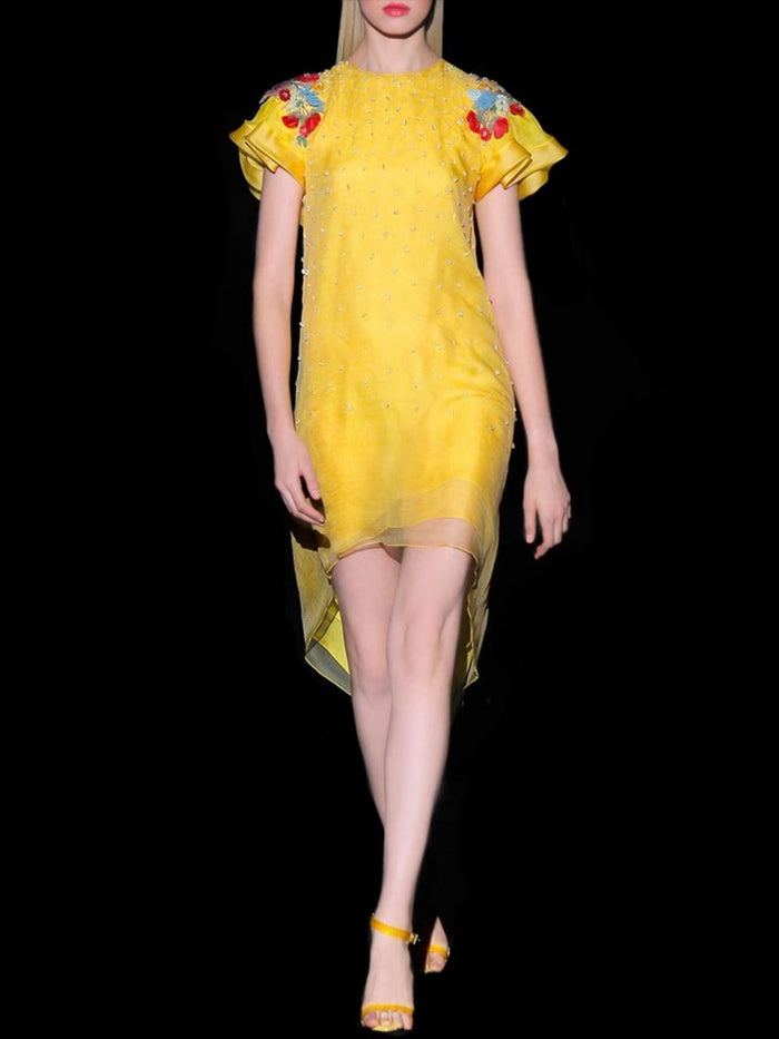 Hannibal laguna Look 33 DANAI | Vestido corto en garza bordada color maiz