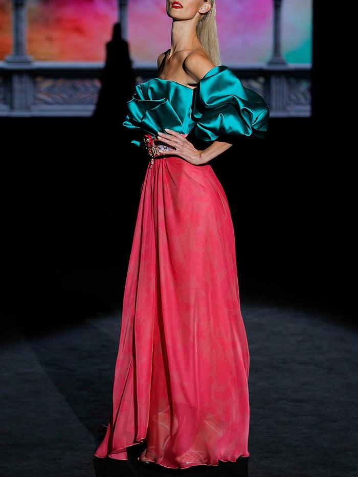 Hannibal Laguna LOOK 34 GABRIELE | Vestido En Gasa Pomelo Y Cuerpo Mikado Verde