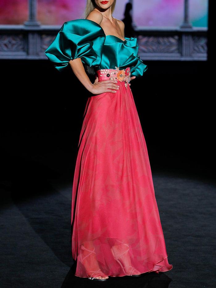 Hannibal Laguna LOOK 34 GABRIELE | Vestido En Gasa Pomelo Y Cuerpo Mikado Verde