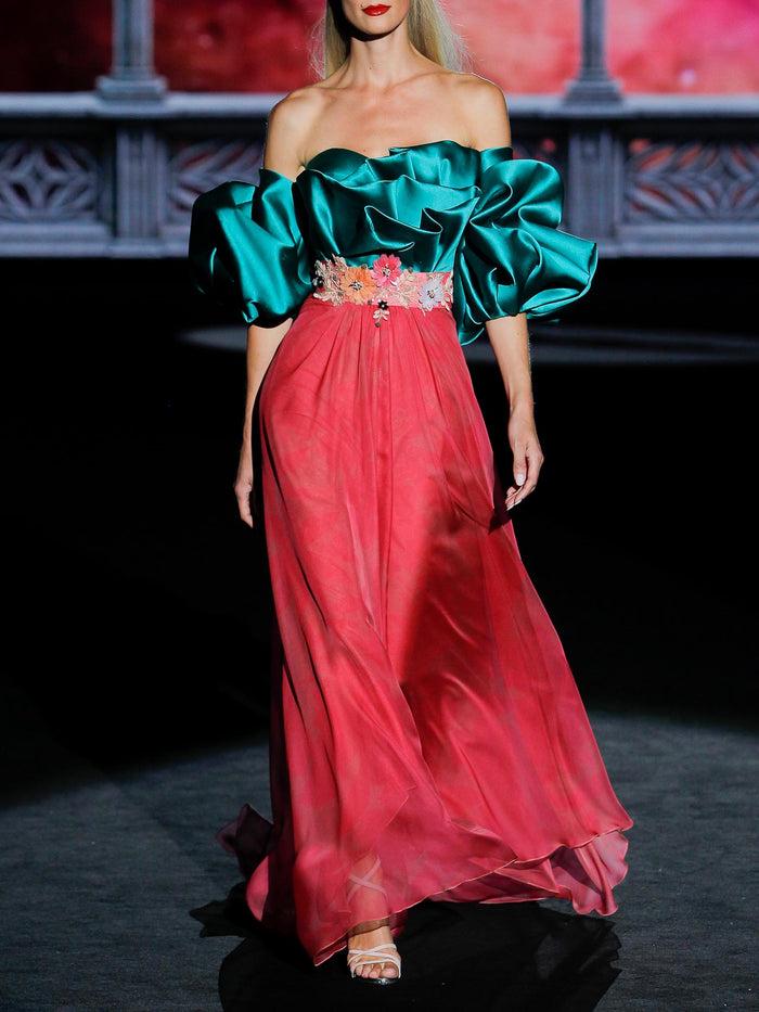 Hannibal laguna LOOK 34 GABRIELE | Vestido en gasa pomelo y cuerpo mikado verde