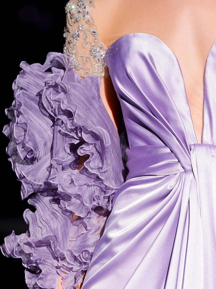 Hannibal Laguna LOOK 34 Vestido JENDEL | Vestido Realizado En Satin Color Amatista Garza Plisada Y Swarovski