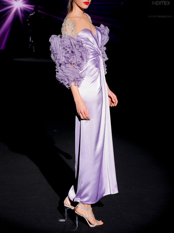 Hannibal Laguna LOOK 34 Vestido JENDEL | Vestido Realizado En Satin Color Amatista Garza Plisada Y Swarovski