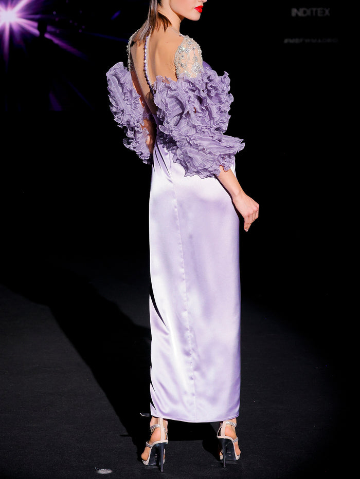 Hannibal Laguna LOOK 34 Vestido JENDEL | Vestido Realizado En Satin Color Amatista Garza Plisada Y Swarovski