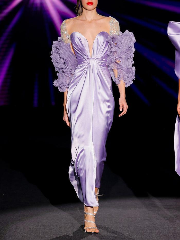 Hannibal laguna LOOK 34 Vestido JENDEL | Vestido realizado en satin color amatista garza plisada y swarovski