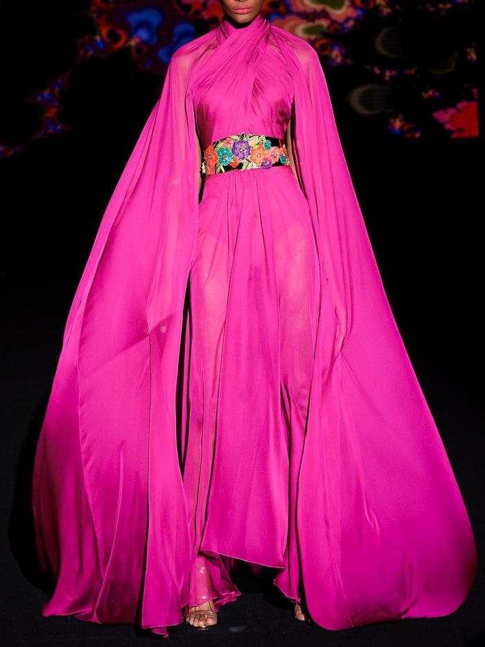 Hannibal Laguna LOOK 34 Vestido KAMELIA | Vestido En Gasa Grosella Con Cuerpo Tipo Halter Drapeado