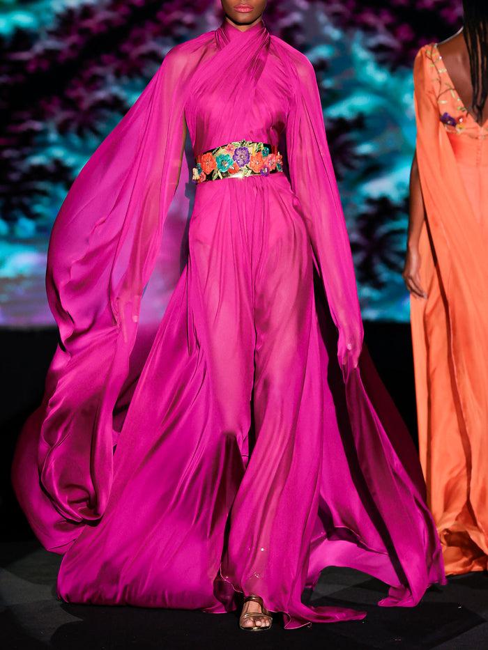 Hannibal laguna LOOK 34 Vestido KAMELIA | Vestido en gasa grosella con cuerpo tipo halter drapeado