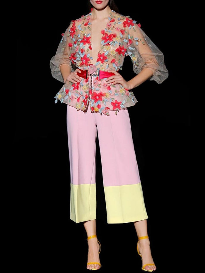 Hannibal laguna Look 35 DAREY y DART | Chaqueta joya tul bordado floral y Pantalon capri de cintura alta