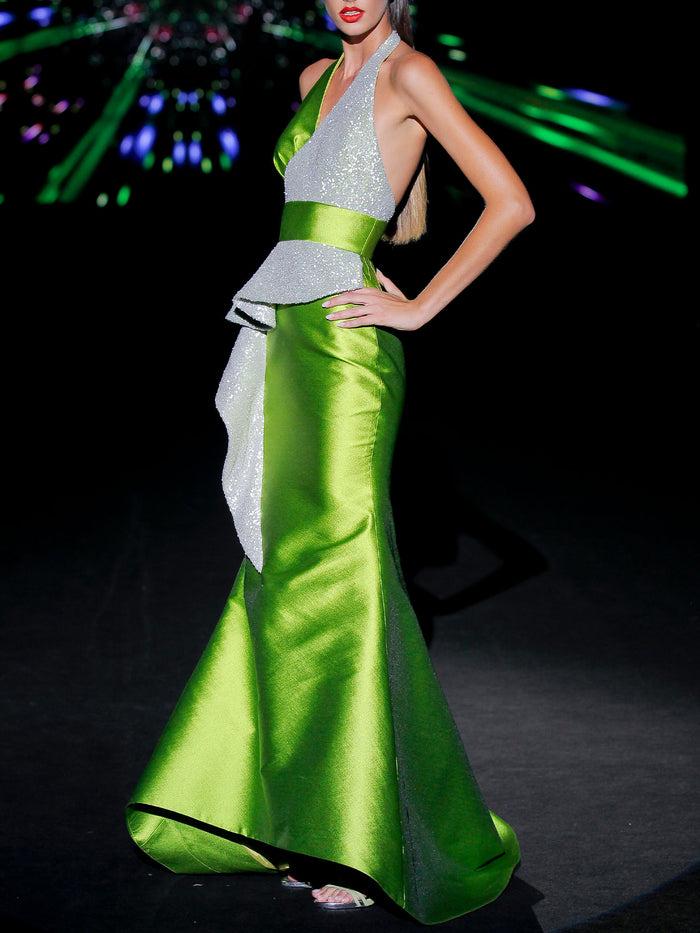 Hannibal Laguna LOOK 35 ILUMINATI | Vestido De Fiesta Largo En Verde Y Bordado Plata