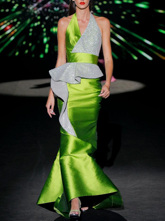 Hannibal laguna LOOK 35 ILUMINATI | Vestido de fiesta largo en verde y bordado plata