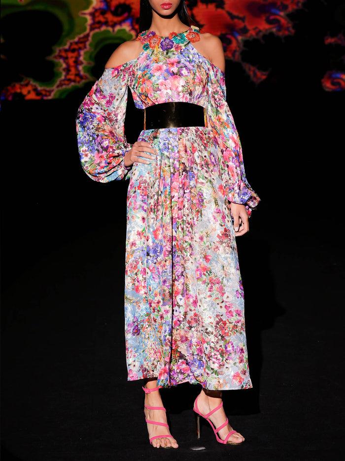 Hannibal Laguna LOOK 35 Vestido KAIROS | Vestido Midi Estampado En Gasa Con Motivos Florales