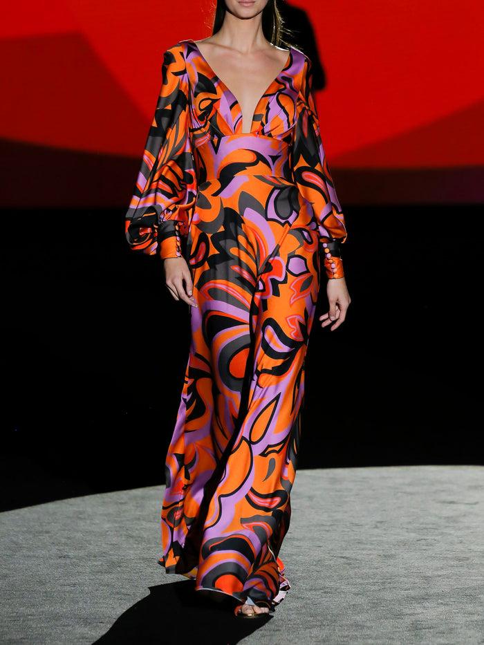 Hannibal laguna LOOK 36 FANTASIS | Vestido de fiesta satín estampado naranja y falda evasé