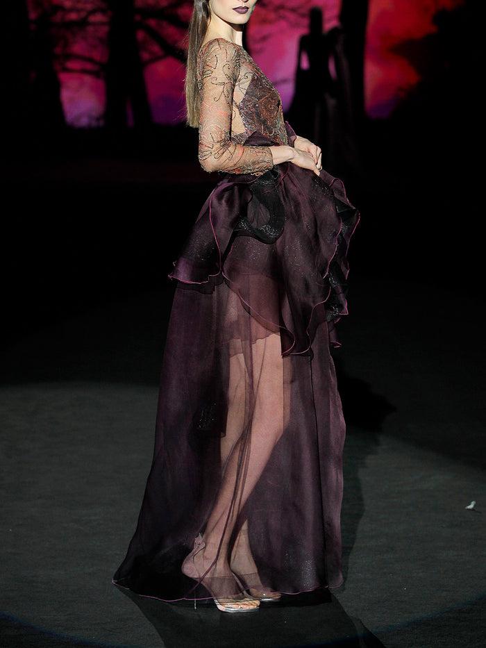 Hannibal Laguna LOOK 36 HANAIS | Vestido En Tatoo Bordado Y Garza Color Berengena