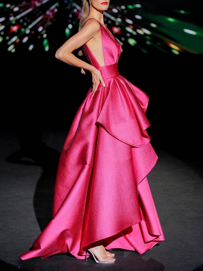 Hannibal Laguna LOOK 36 ILUSITANIA | Vestido De Fiesta Largo En Mikado Color Fresa