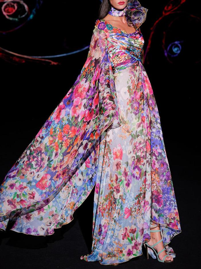 Hannibal Laguna LOOK 36 Vestido KIMBERLAND | Vestido Largo En Gasa Estampada En Verbena Floral