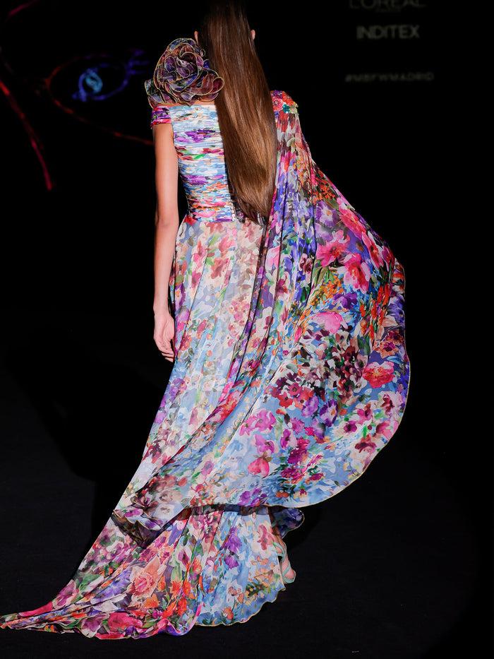 Hannibal Laguna LOOK 36 Vestido KIMBERLAND | Vestido Largo En Gasa Estampada En Verbena Floral