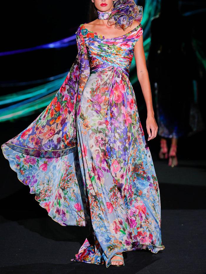 Hannibal laguna LOOK 36 Vestido KIMBERLAND | Vestido largo en gasa estampada en verbena floral