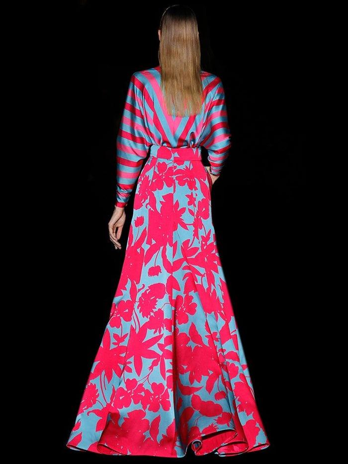 Hannibal Laguna Look 37 DAKAR Y DISTRAL | Blusa En Satín Rayas Y Falda Satín Cereza Y Azul