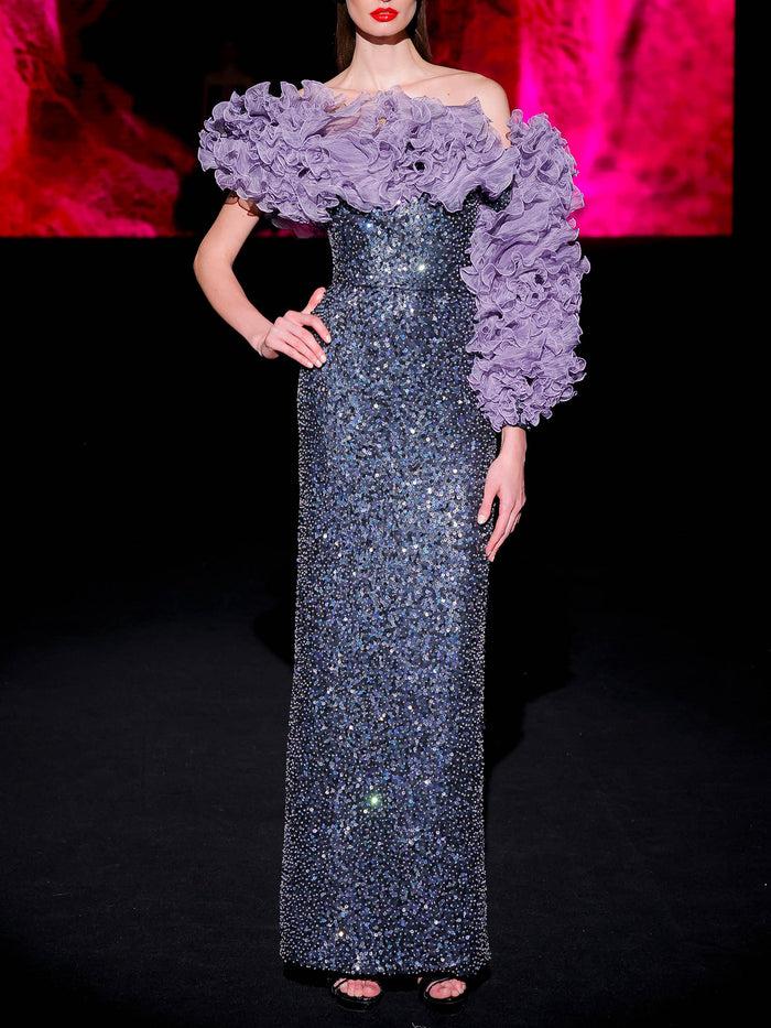 Hannibal Laguna LOOK 37 Vestido JIGASHI | Vestido De Fiesta Bordado Y Garza Plisada Amatista