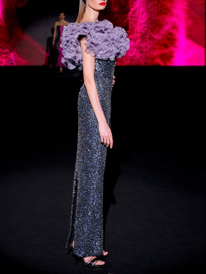 Hannibal Laguna LOOK 37 Vestido JIGASHI | Vestido De Fiesta Bordado Y Garza Plisada Amatista