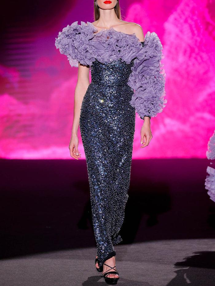 Hannibal laguna LOOK 37 Vestido JIGASHI | Vestido de fiesta bordado y garza plisada amatista