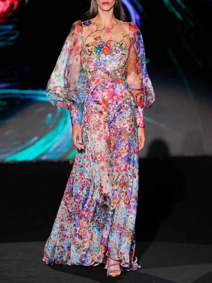 Hannibal laguna LOOK 37 Vestido KAMIL | Vestido largo en gasa estampada en verbena floral