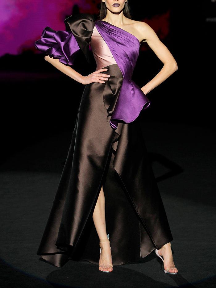 Hannibal Laguna LOOK 38 HACHE | Vestido En Mikado Color Chocolate Y Morado