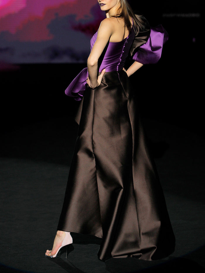 Hannibal Laguna LOOK 38 HACHE | Vestido En Mikado Color Chocolate Y Morado