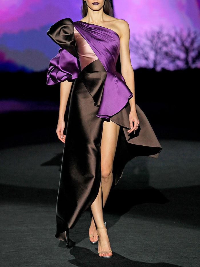 Hannibal laguna LOOK 38 HACHE | Vestido en mikado color chocolate y morado