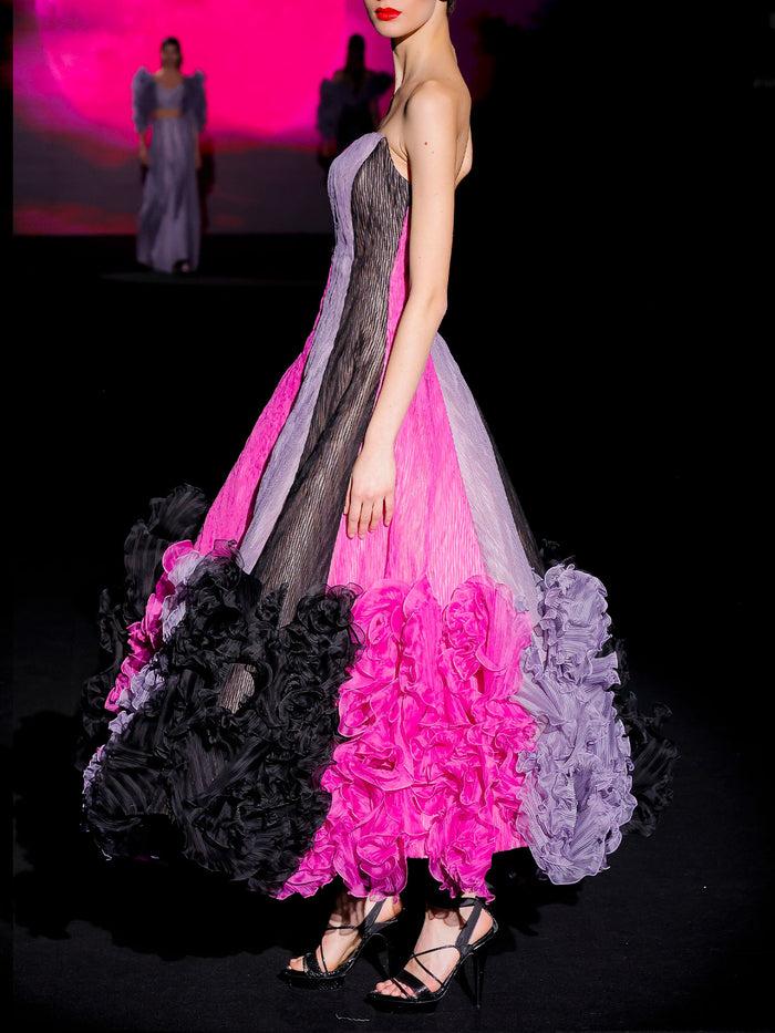 Hannibal Laguna LOOK 38 Vestido JAILOA | Vestido Midi De Fiesta Realizado En Garza Espiga Tricolor