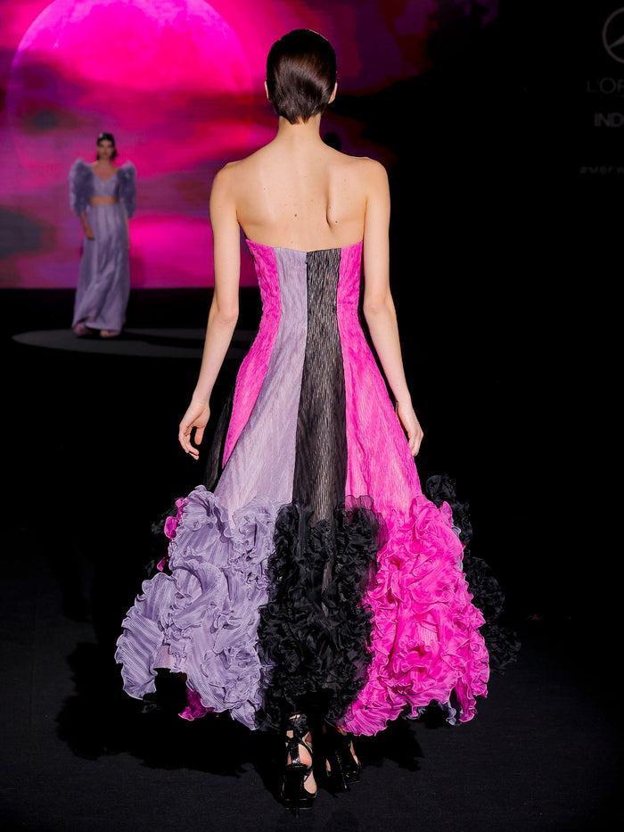 Hannibal Laguna LOOK 38 Vestido JAILOA | Vestido Midi De Fiesta Realizado En Garza Espiga Tricolor