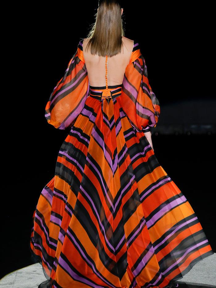 Hannibal Laguna LOOK 39 FONTELIA | Vestido De Fiesta En Gasa Y Satín Estampado De Rayas