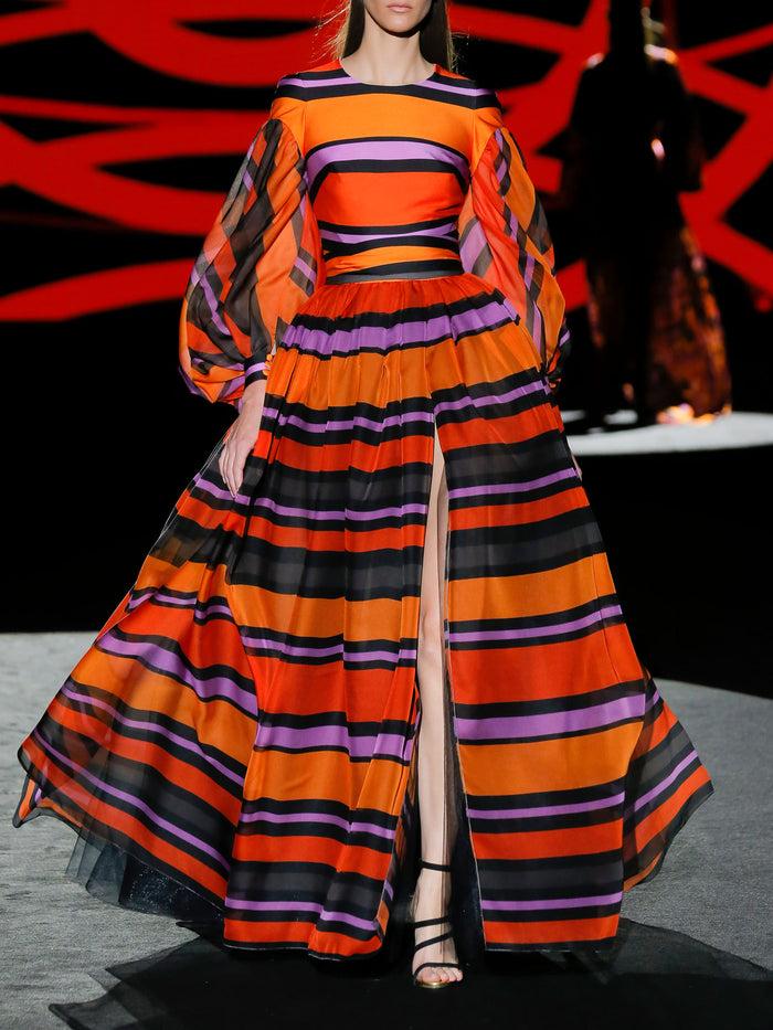 Hannibal laguna LOOK 39 FONTELIA | Vestido de fiesta en gasa y satín estampado de rayas