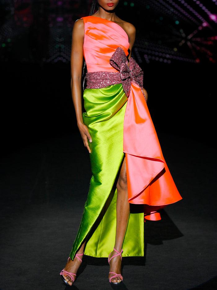 Hannibal Laguna LOOK 39 ISMERAL | Vestido De Fiesta Midi En Mikado Salmón Y Martelé Verde