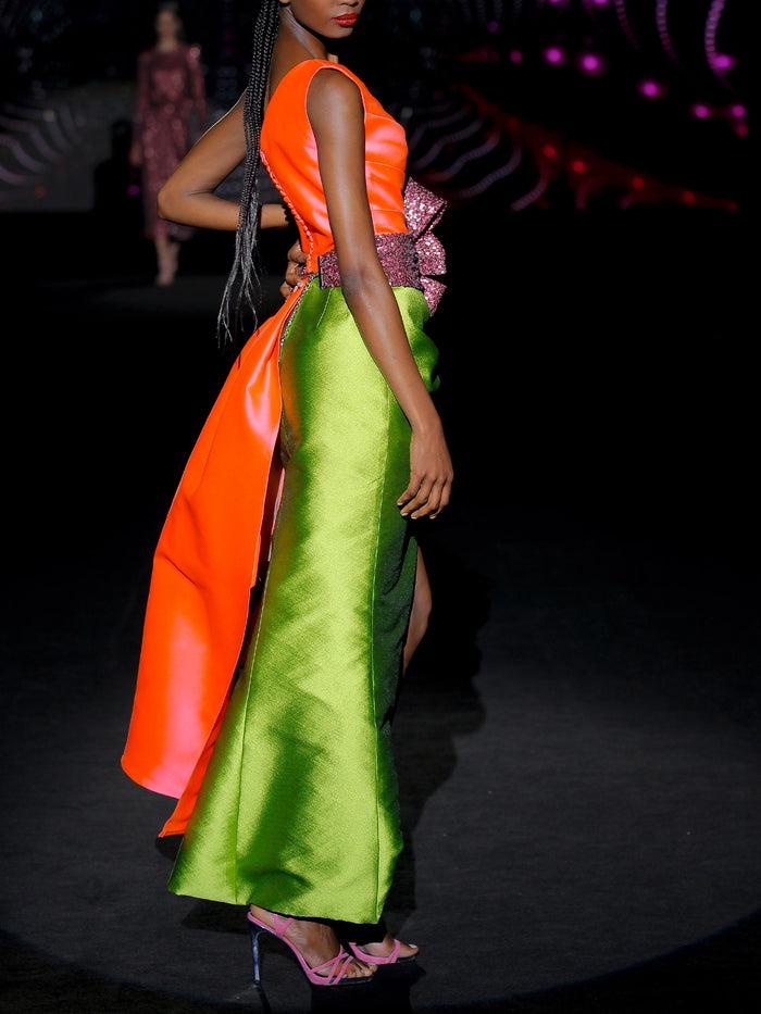 Hannibal Laguna LOOK 39 ISMERAL | Vestido De Fiesta Midi En Mikado Salmón Y Martelé Verde