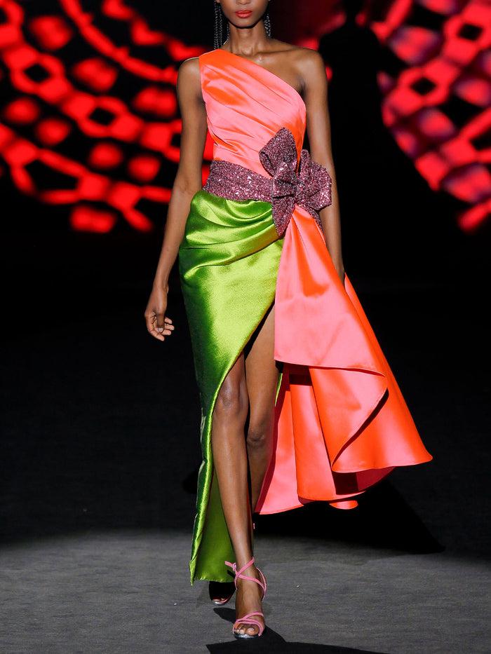 Hannibal laguna LOOK 39 ISMERAL | Vestido de fiesta midi en mikado salmón y martelé verde