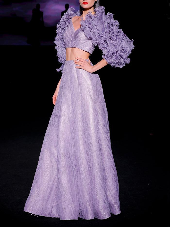 Hannibal Laguna LOOK 39 Top Crop JULI Y Falda JORDANA | Top Crop Realizado En Garza Plisada De Color Amatista. Falda Larga De Fiesta Realizada En Garza Espiga Color Amatista