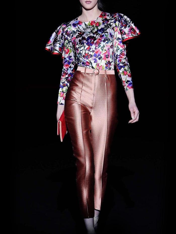 Hannibal laguna Look 4 CALESA y CATY | Body en satin estampado azaleas flamenco y pantalón gran pique