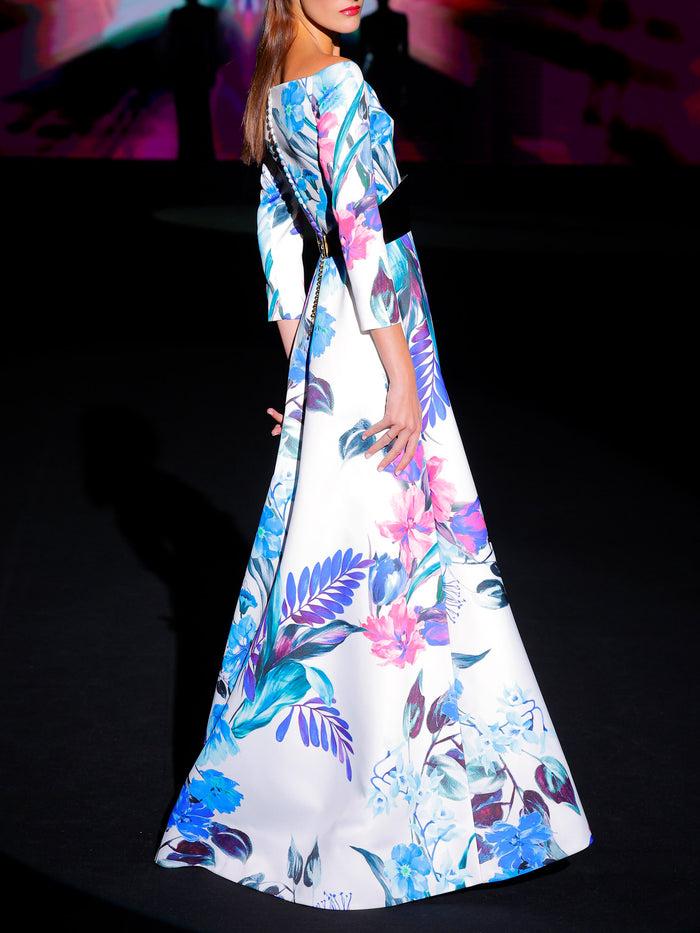 Hannibal Laguna LOOK 4 Vestido KENSINGTON | Vestido De Fiesta En Raso Estampado Con Escote Barca Y Mangas 3/4