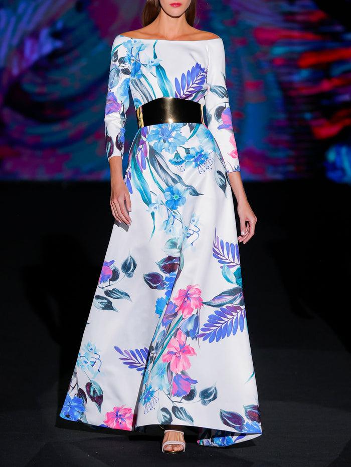 Hannibal laguna LOOK 4 Vestido KENSINGTON | Vestido de fiesta en raso estampado con escote barca y mangas 3/4