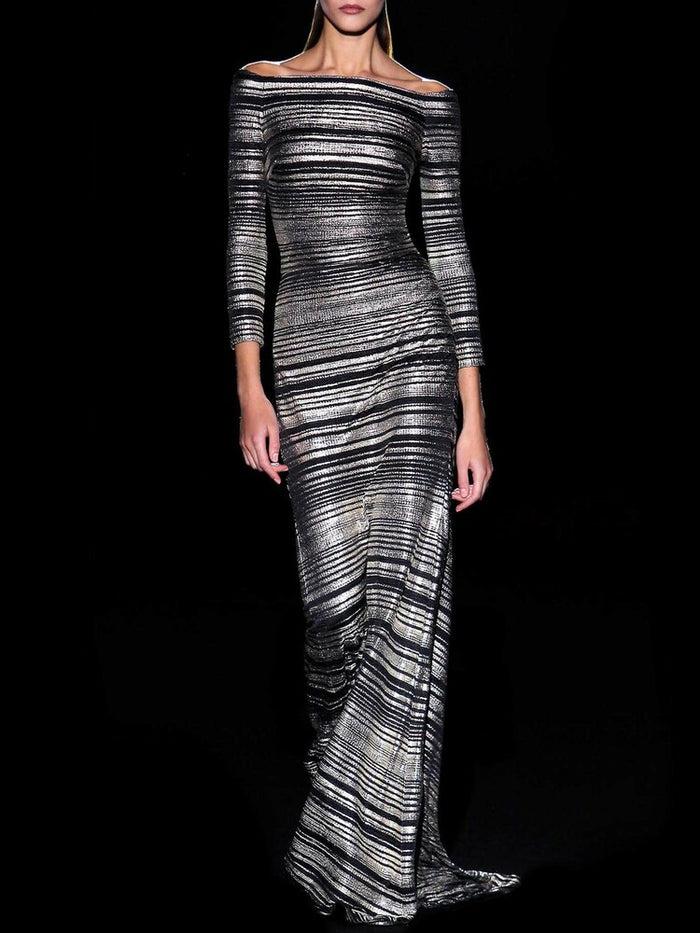 Hannibal laguna Look 40 CANDELIER | Vestido en lame de rayas plata