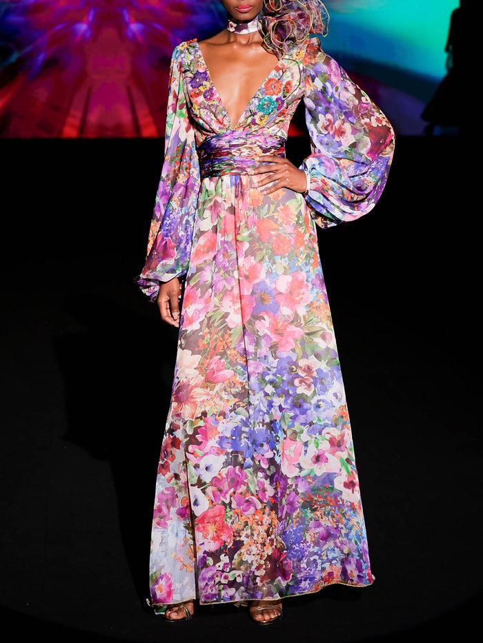 Hannibal Laguna LOOK 40 Vestido KASIDI | Vestido Largo De Fiesta En Gasa Estampada Y Escote En V